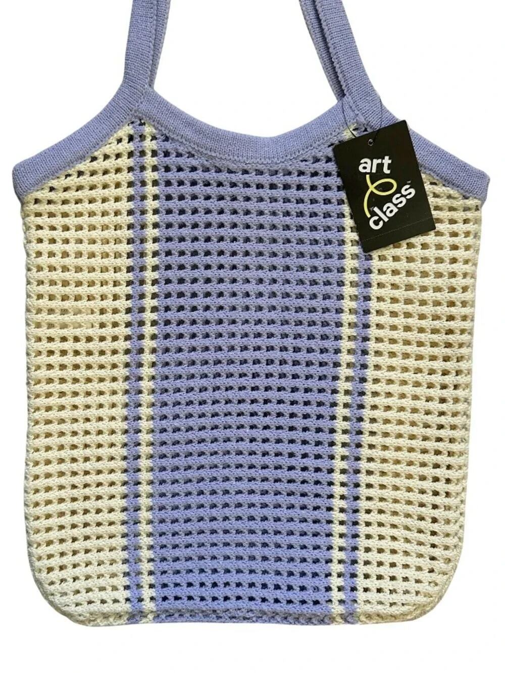 Art Class Girls Knit Tote Bag Purple Cream Summer Beach Vacation Chic
